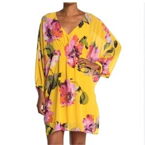 Trina Turk Gentle Floral Dress in Mimosa Yellow Kaftan Style Size Small S